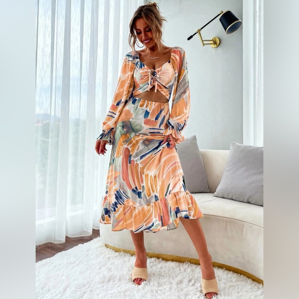 Paintbrush Strokes Cut Out Midi Dress - A-Line Ruffle Dress Long Sleeve